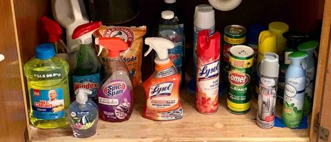 Cleaning supplies available under kitchen sink are restocked after each guest.  Includes CDC recommended disinfectant sprays, wipes and solutions.