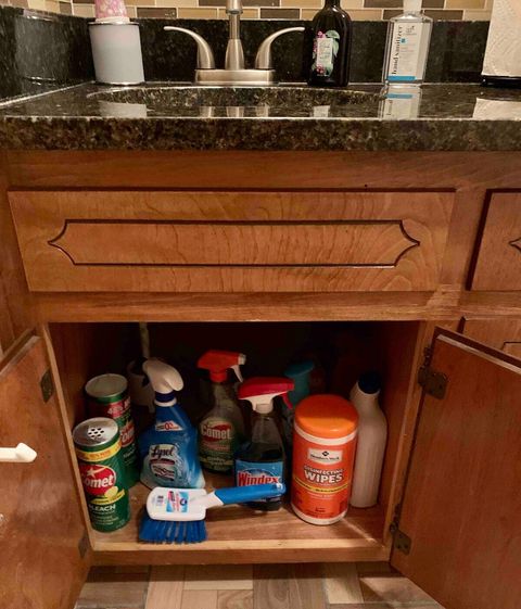 Main Bathroom cleaning supplies restocked after each guest