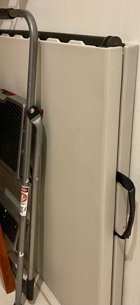 Six foot banquet table available in laundry room behind step table - can be used indoors or outdoors for food service.   There’s a plastic tablecloth in the BBQ basket (on top of fridge)