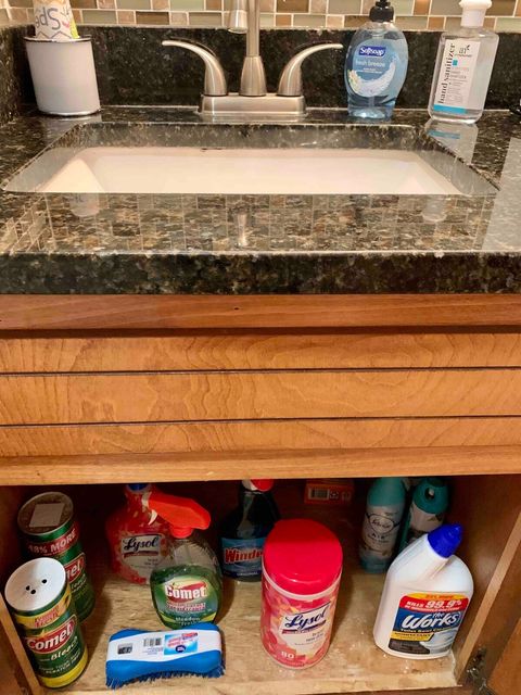 Master Bathroom cleaning supplies restocked after each guest