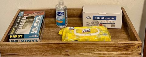 Disposable gloves, mask, hand sanitizer and Lysol wipes available upon entry