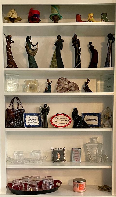 Built in bookshelf adorned with Grandma’s pretties