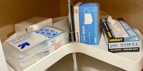 First aid kit, disposable gloves & face masks available in corner kitchen cabinet