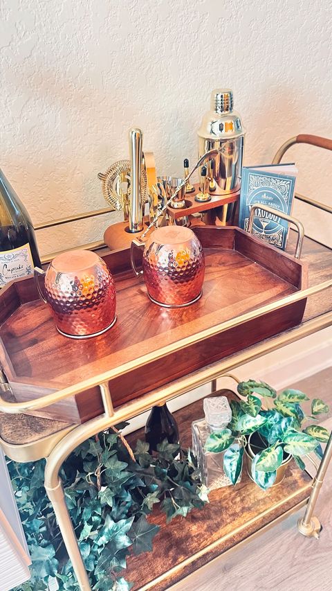 Beverage cart and bartender tools, multiple serving trays for easy entertaining!  