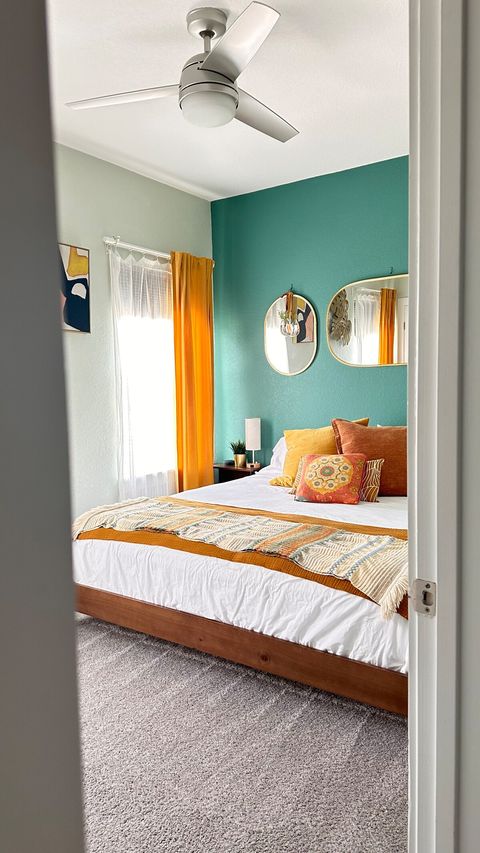 Warm hues and a cool accent wall welcome you to your private king suite/bathroom/closet where you can adjust the temp of your personal AC/heat unit.
(All 4 units will be set to EITHER heat or cool, but temperatures can be vary per your preference.)