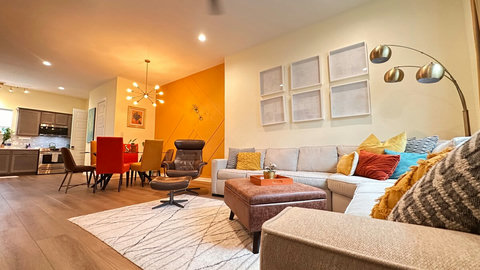 Lamps, lights, rugs, throw pillows and blankets, games, puzzles, and warm hues with pops of color create a cozy, warm space to create memories.  Your comfort goes into every element, every design choice!