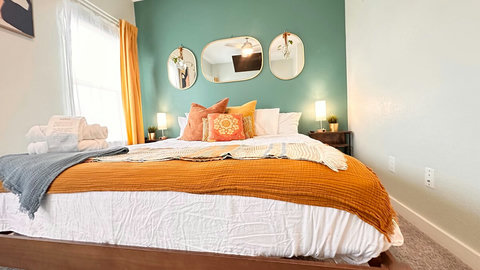 Carefully inspected 100% cotton sheets and a medium-firm mattress were chosen to optimize your chances for a restful night’s sleep while away from home.  The west-facing windows have light blocking blinds, sheers, and darkening curtains.