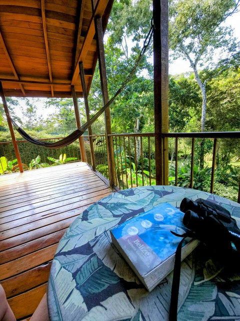 Spacious deck, with seating for two, plus dining table and hammock