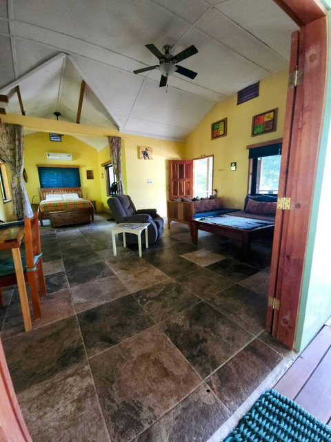 Living room with 2 twin day-beds & rocker/recliner, large live-edge custom made coffee table, desk & chair.  