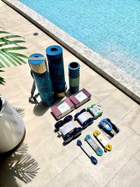 Stay fit with our assortment of fitness equipment, including yoga mats, yoga blocks, resistance bands, foam rollers, and dumbbells! :-)