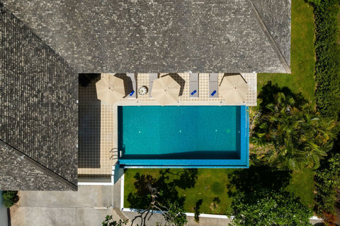 Bird's eye view of the villa rooftops and private pool