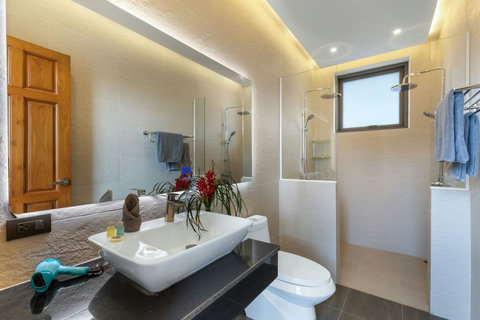 Elegant en-suite bathroom with separate soaking tub, walk-in shower and modern fixtures