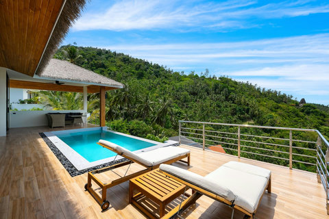Tropical sala pavilion and infinity pool terrace - Sunrise Hill villa Koh Samui with lush hillside panoramas