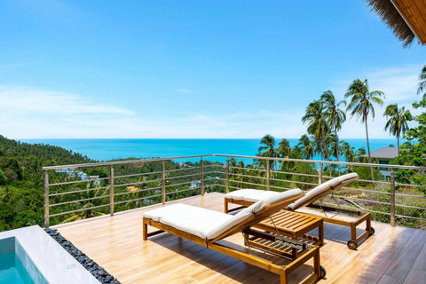 Rooftop sun deck with ocean and island panoramas, lounge chairs - spectacular Koh Samui villa views
