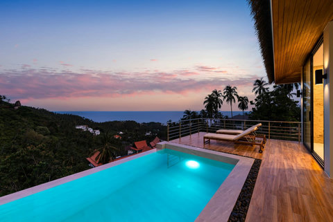 Twilight pool and sala terrace - magical evening ambiance at Sunrise Hill luxury villa Koh Samui