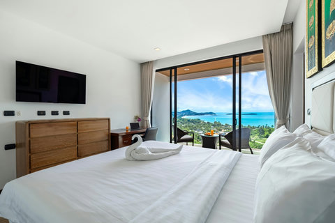 Bright bedroom with panoramic sea views, private terrace and smart TV at Villa Yoco, Koh Samui
