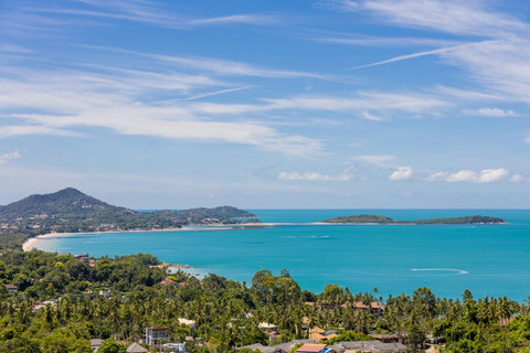 Panoramic aerial view of Koh Samui coastline and turquoise sea from Villa Yoco