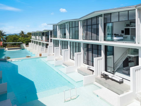 Modern beachfront villa exterior with private balconies and sea views in Koh Samui Thailand