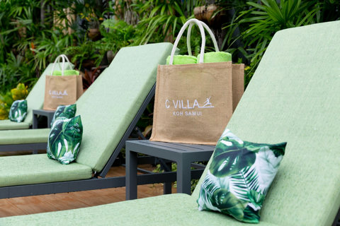 C Villa branded tropical tote bags, exclusive guest amenities at Plai Laem luxury rental