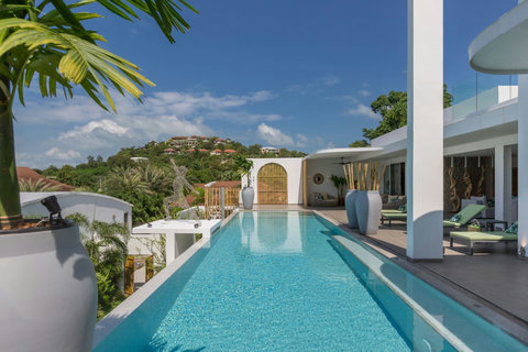 Aerial view of private pool and tropical garden at C Villa luxury 8BR vacation rental, Koh Samui