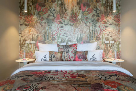 Dramatic botanical mural bedroom at C Villa art villa with daily maid, Koh Samui Thailand