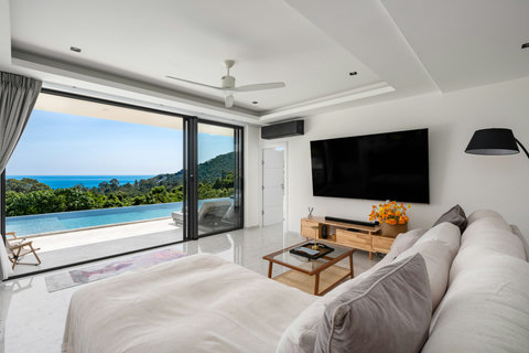 Open-plan terrace with pool and Samui sea views at Villa Maya - 3BR Chaweng Noi luxury villa