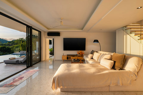 Modern open-plan living and kitchen with sea views at Villa Maya - 3BR Chaweng Noi Koh Samui villa