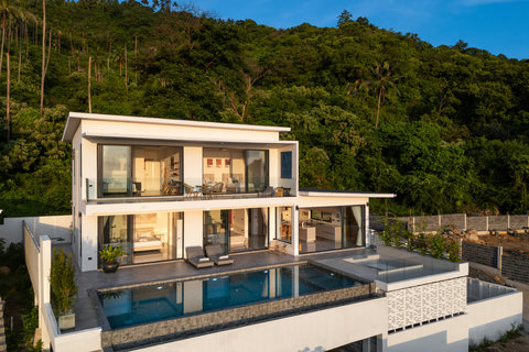 Spacious living room with ocean view at Villa Maya - modern 3BR Chaweng Noi villa Koh Samui