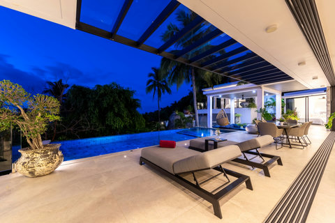Covered Terrace Dining at Twilight - Villa Bond Koh Samui Luxury Al Fresco Dining with Pool and Ocean Views