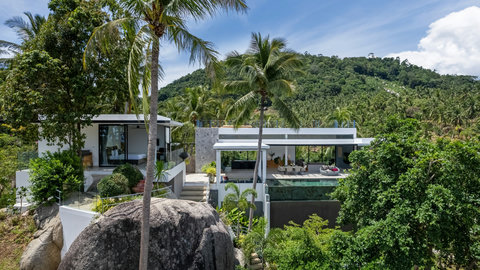 Villa Bond Exterior with Tropical Landscaping - Modern Luxury Koh Samui Villa Rental with Pool and Hillside Setting