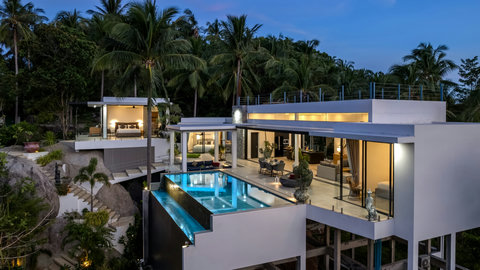 Aerial View of Villa Bond at Dusk - Luxury Koh Samui Hillside Villa with Private Pool and Ocean Views Thailand