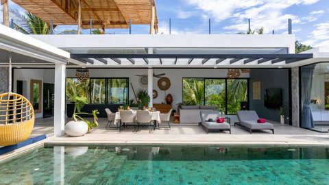 Master Suite at Twilight with Ocean Views - Villa Bond Koh Samui Luxury Bedroom with Floor-to-Ceiling Windows Thailand