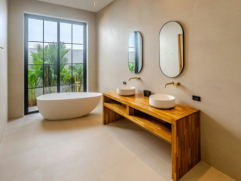 Unwind in a freestanding soaking tub while tropical gardens frame the windows. The wooden double vanity gives both of you plenty of space
