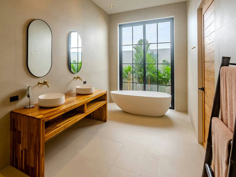 Soak in a luxurious freestanding tub while gazing at lush tropical palms through the garden window. Wooden vanity and paired sinks make getting ready a treat