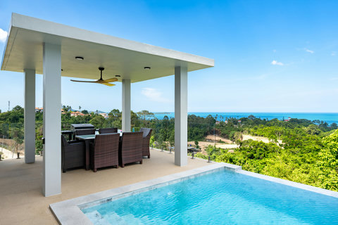 Villa Gala exterior with infinity pool and sweeping sea views in Chaweng Noi, Koh Samui