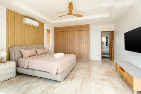 Contemporary hallway with wooden accents and modern decor at Villa Gala, Chaweng Noi