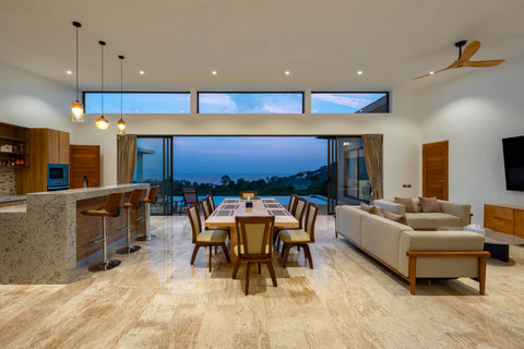 Modern fully equipped kitchen with island counter and sea views at Villa Gala, Chaweng Noi