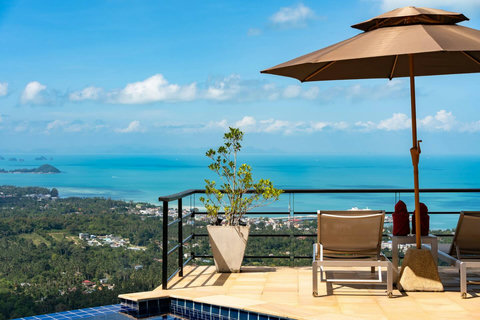 Pool terrace with sun lounger and sunset ocean views at Villa SKY, Nathon Paradise Village
