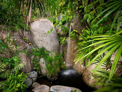 Natural stone water feature with tropical garden landscaping - Villa Soluna 5-bedroom luxury hillside retreat southern Koh Samui
