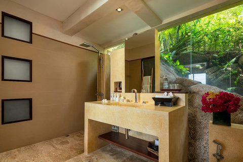 Elegant bathroom with double vanity, tropical garden views and natural light - Villa Soluna 5-bedroom luxury hillside retreat southern Koh Samui