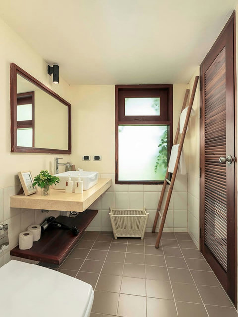 Bathroom with elegant double vanity and tropical garden window - Villa Soluna 5-bedroom luxury hillside retreat southern Koh Samui