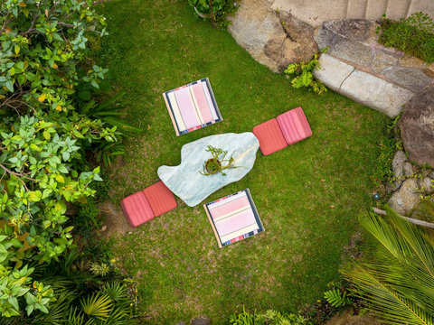 Tropical garden lawn with pink loungers and relaxation area - Villa Soluna 5-bedroom luxury hillside retreat southern Koh Samui