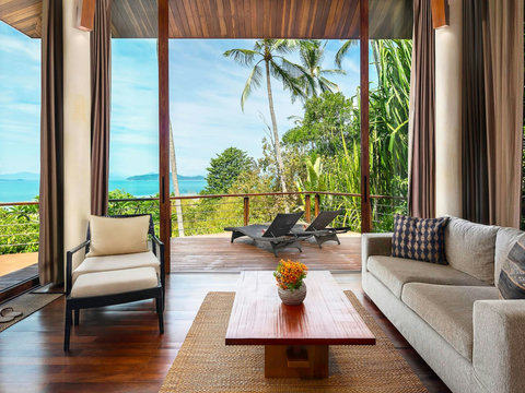 Open-air living area with ocean view terrace and comfortable seating - Villa Soluna 5-bedroom luxury hillside retreat southern Koh Samui