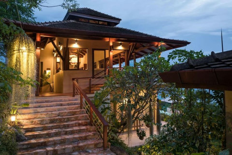 Covered terrace with spectacular ocean sunset views and Balinese architecture - Villa Soluna 5-bedroom luxury hillside retreat southern Koh Samui