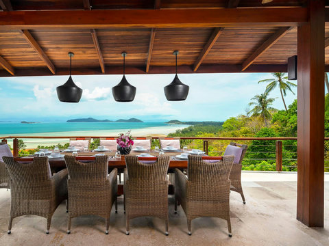 Covered outdoor dining terrace with panoramic ocean views and tropical setting - Villa Soluna 5-bedroom luxury retreat southern Koh Samui