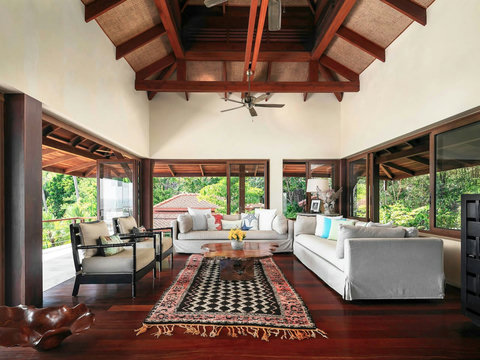 Spacious living room with vaulted ceiling, comfortable seating and tropical garden views - Villa Soluna 5-bedroom luxury hillside retreat southern Koh Samui