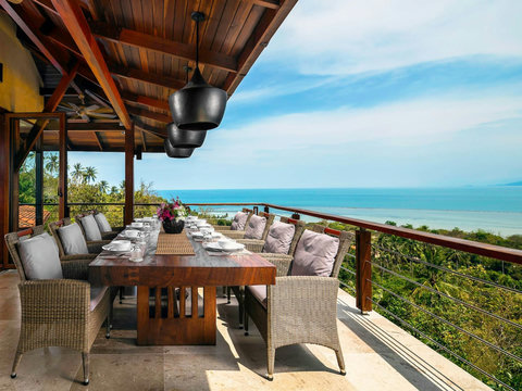 Covered dining terrace with panoramic Gulf of Thailand ocean views - Villa Soluna luxury hillside dining southern Koh Samui