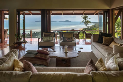 Open-air living room with panoramic ocean views and Balinese tropical design - Villa Soluna 5-bedroom luxury hillside retreat southern Koh Samui