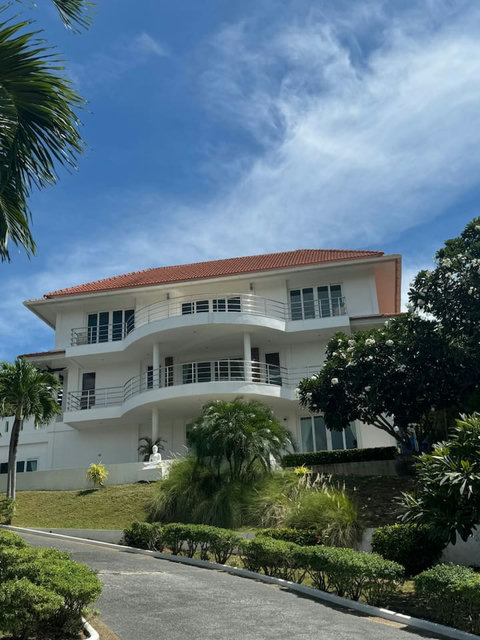 Villa and pool surrounded by tropical gardens and blue skies