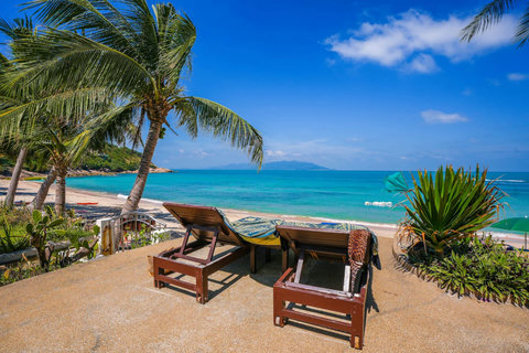 Nearby sandy beach with palm trees and crystal-clear water